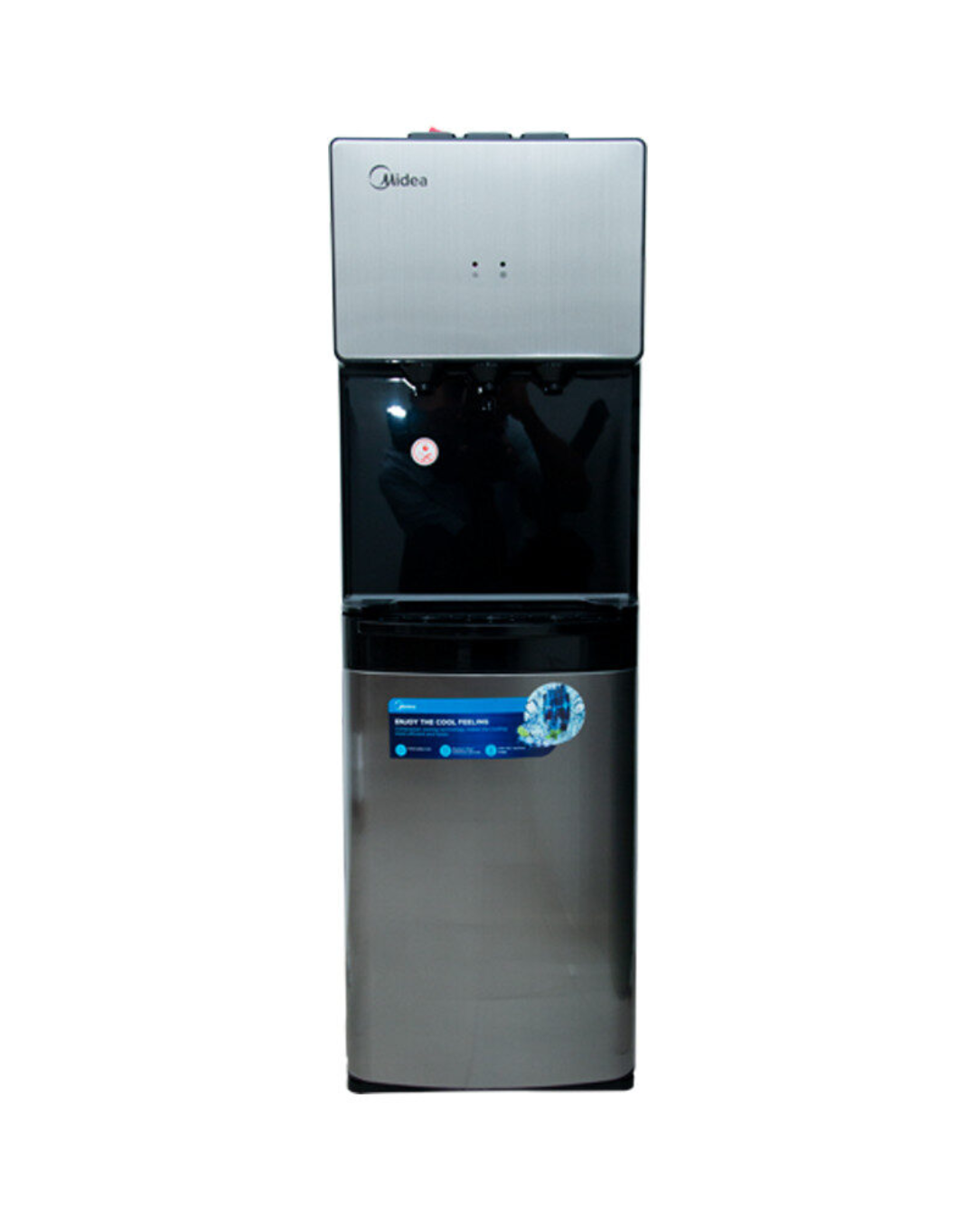 Midea Water Dispenser YL1674S-B Product Shot Front view of Midea black 3-tap water dispenser unit with lower fridge cabinet showing the clean sleek casing display layout