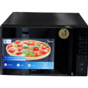 Front view of Midea black 34L microwave oven model EM034A2MO-B showing the electronic touch control panel and large digital display