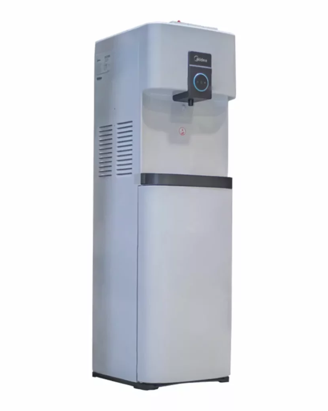 Midea Water Dispenser YL2036S Product Shots Views of Midea white 3-tap water dispenser unit with lower fridge cabinet showing the clean sleek casing display layout