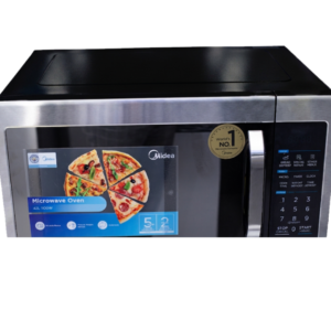 Front view of Midea silver and black 42L microwave oven model EM142A2MI-B showing the electronic touch control panel and large digital display
