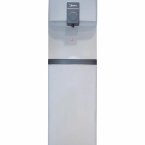 Front view of Midea white 3-tap water dispenser unit with lower fridge cabinet showing the clean sleek casing display layout