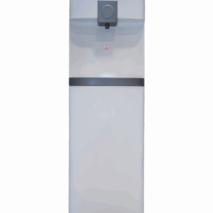 Front view of Midea grey 3-tap water dispenser unit with lower storage cabinet showing the clean sleek casing display layout