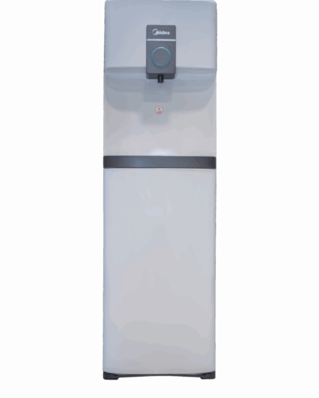 Midea Water Dispenser YL2037S-W Product Shot Front view of Midea grey 3-tap water dispenser unit with lower storage cabinet showing the clean sleek casing display layout