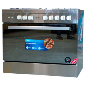 Front view of Midea LMG90030 5-burner gas cooker unit showing the clean sleek inox silver stainless steel layout