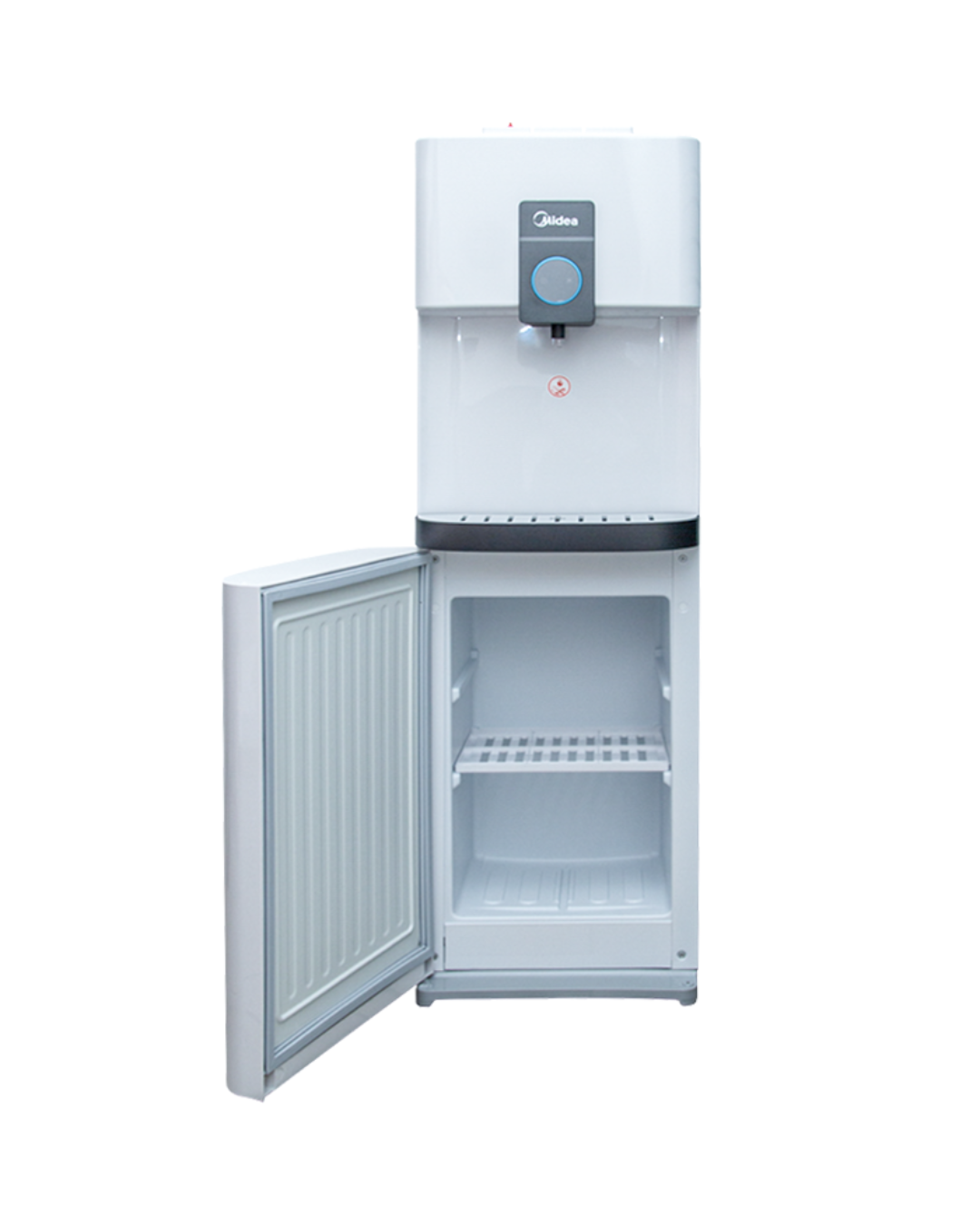 Midea Water Dispenser YL2037S-W Product Shots Views of Midea grey 3-tap water dispenser unit with lower storage cabinet showing the clean sleek casing display layout