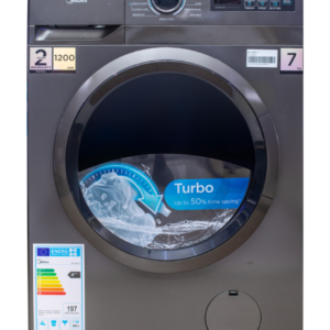 Front view of Midea front load washing machine unit showing the clean sleek casing display layout