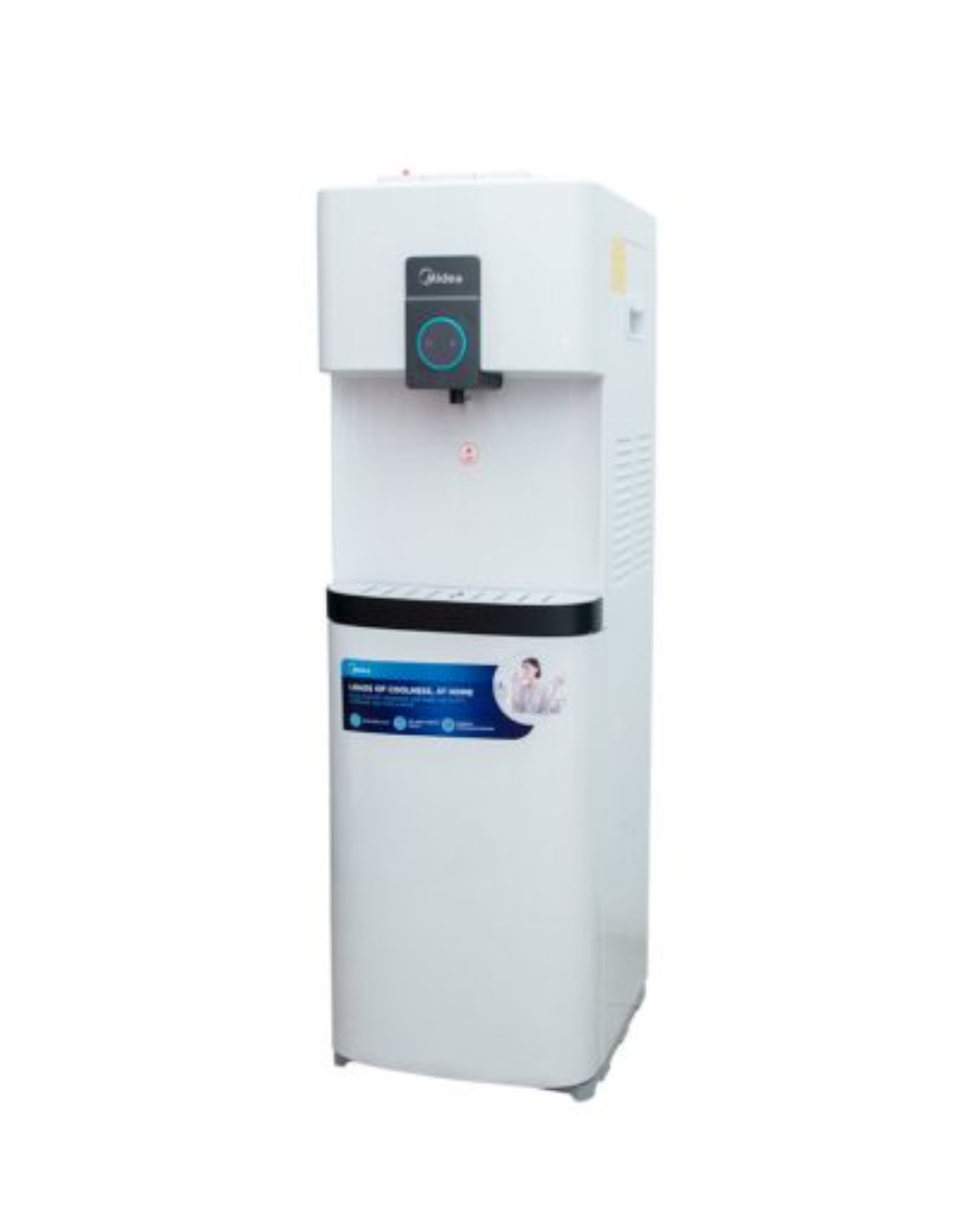 Midea Water Dispenser YL2037S Product Shot Front view of Midea grey 3-tap water dispenser unit with lower storage cabinet showing the clean sleek casing display layout
