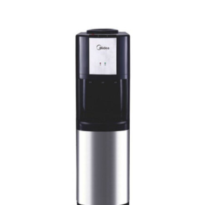 Front view of Midea white 3-tap water dispenser unit with lower storage cabinet showing the clean sleek casing display layout