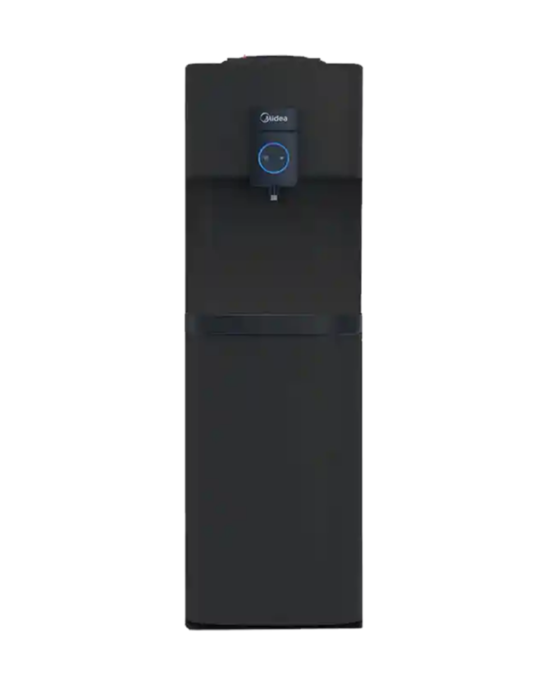 Midea Water Dispenser YL2037S-B Product Shot Front view of Midea black 3-tap water dispenser unit with lower storage cabinet showing the clean sleek casing display layout