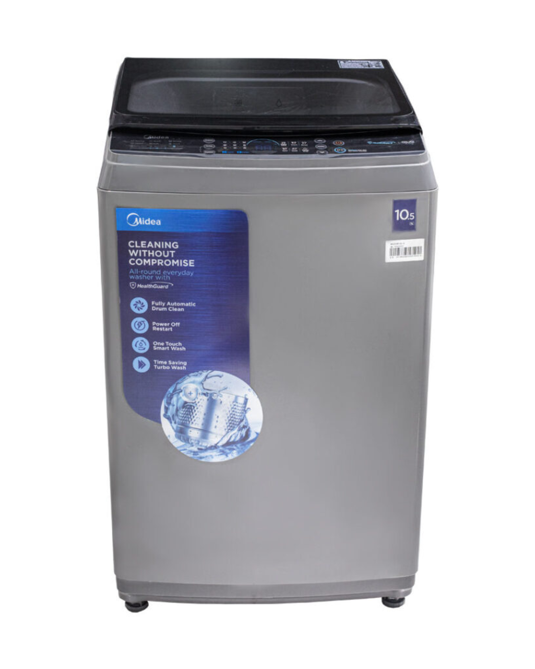 Midea Washing Machine MA200W105/G Product Shots Front view of Midea top load washing machine unit showing the clean sleek casing display layout