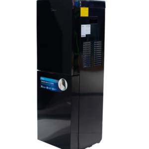 Front view of Midea black water dispenser with transparent cabinet door showing the clean sleek casing display layout