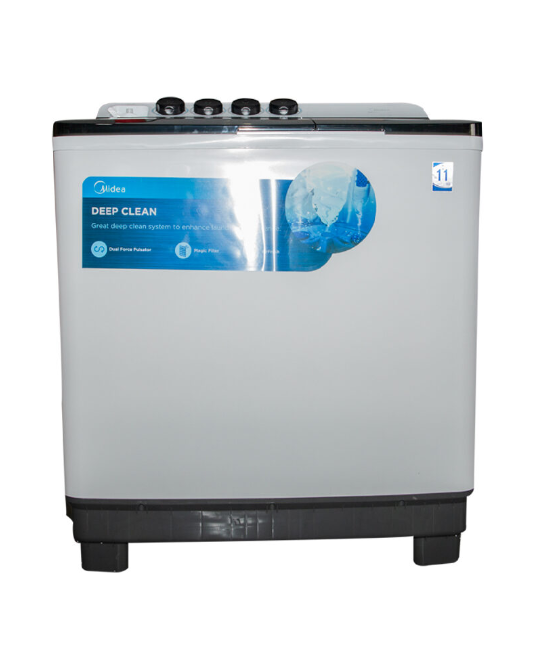 Midea Washing Machine MT100W120/WG Product Shot Front view of Midea twin tub semi-automatic washing machine unit showing the clean sleek casing display layout