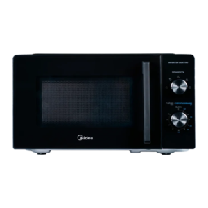 Front view of Midea black microwave oven model MM7P012VS-B showing the PET door panel and control knobs